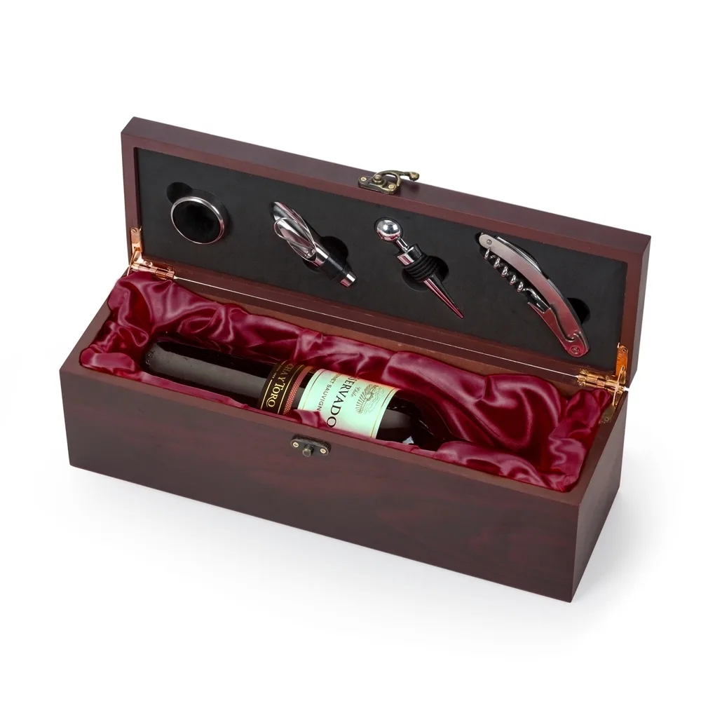 Kit Vinho Caixa de Madeira 4 Peças Porta Garrafa